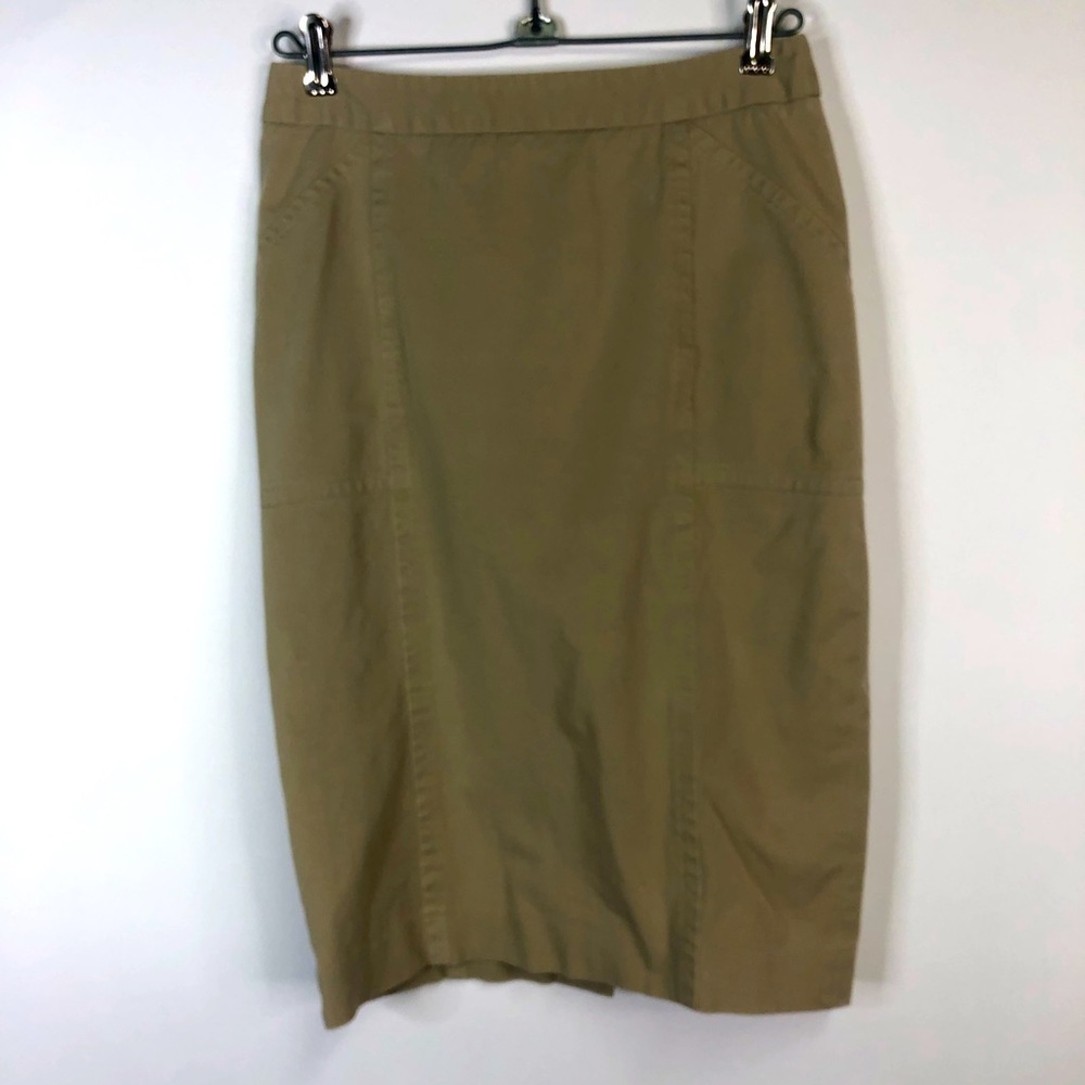 Body by Victoria long khaki straight skirt button back vent detail size 0